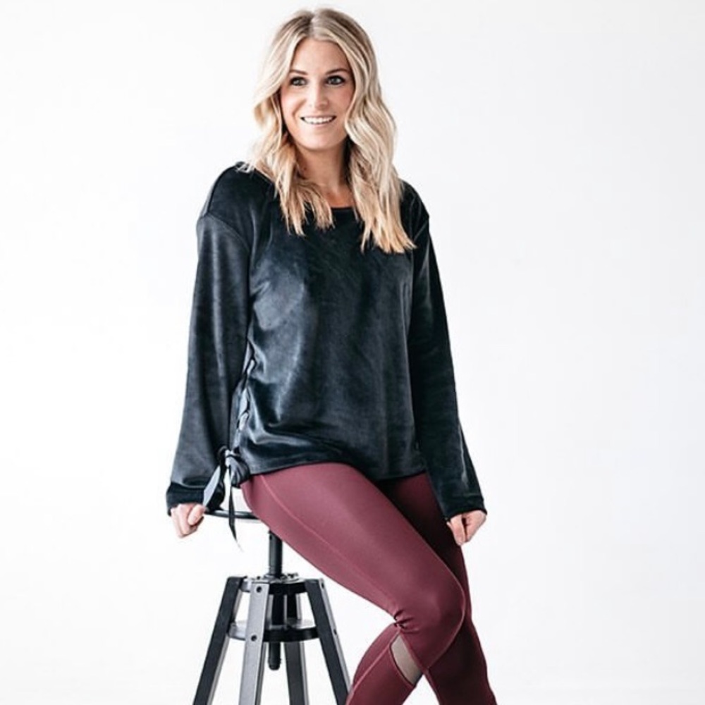 Velvet Sweatshirt with Ribbon Ties on sides - Grey